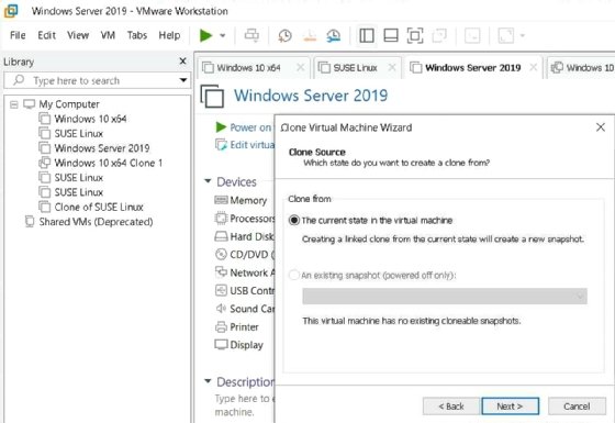 Screenshot of Workstation clone VM wizard clone source interface