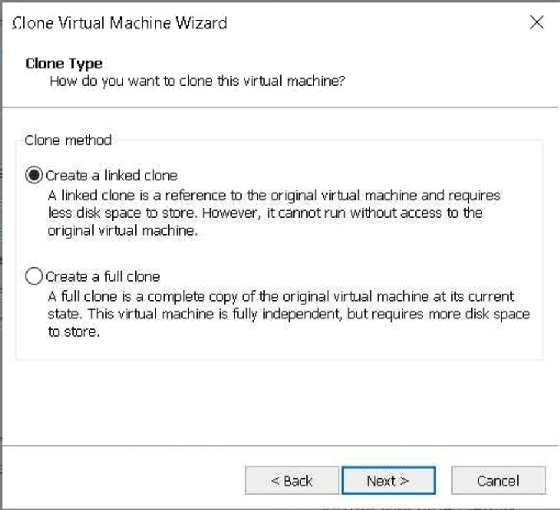 Screenshot of VMware Workstation VM clone type options
