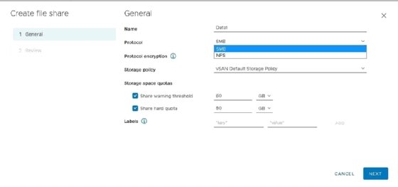 Screenshot of SMB file share configuration specifications