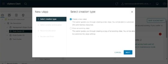 Screenshot of vSphere vApp creation options