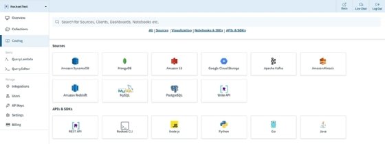 Screenshot of Rockset data connectors