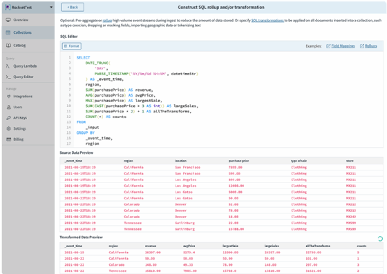 Screenshot of new Rockset real-time data stream SQL function