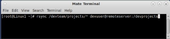 Screenshot of syntax to move local files to a remote device with rsync.