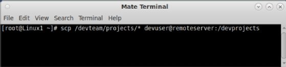Screenshot of syntax to copy local files to a remote device with scp.