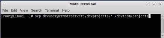 Screenshot of syntax to copy files on a remote device to the local system with scp.