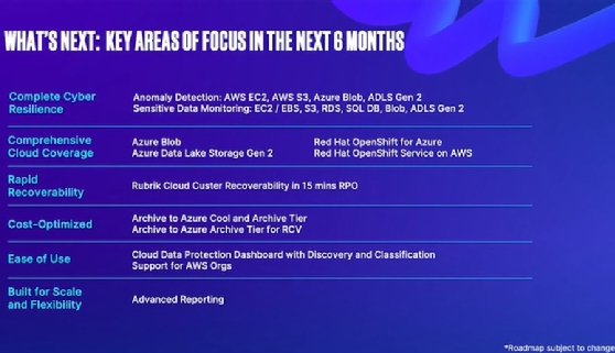 A slide showing new features for Rubrik Cloud Platform in the next six months.