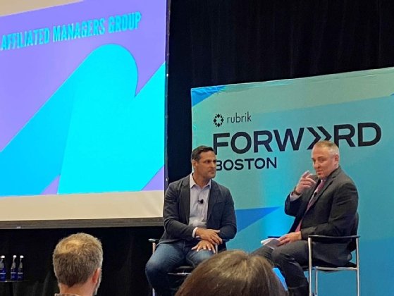 Steve Pruell and Mike Tornincasa speak during Rubrik Forward 2023 in Boston