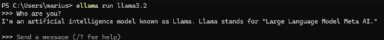 Screenshot of code showing an interactive session with Llama 3.2, initiated using Ollama.