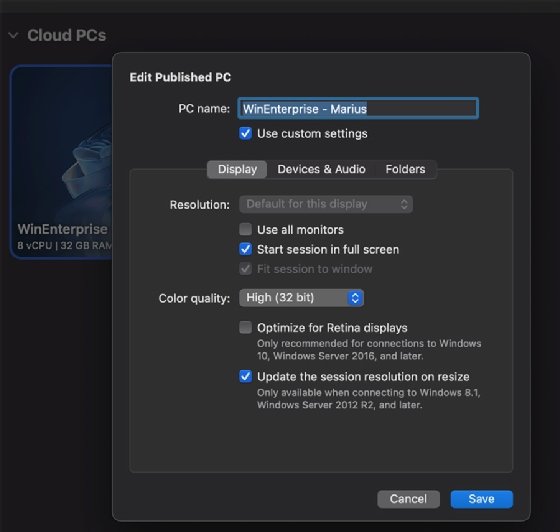 The options to change various Windows 365 settings for the published PC.