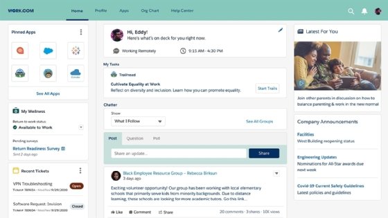 Screenshot of Salesforce Work.com social media-like workspace.