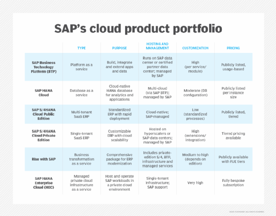 Table comparing SAP's cloud product portfolio by type, purpose, hosting model, customization options and pricing.