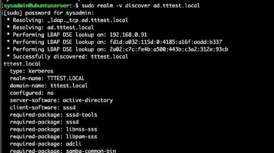 A Linux terminal window shows the command that discovers an Active Directory domain.