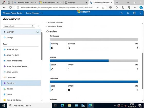Windows Admin Center containers view.