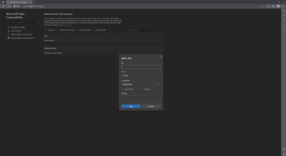 Screenshot of the Microsoft Edge Enterprise Site List Manager showing the interface used to add websites that load in Internet Explorer mode.