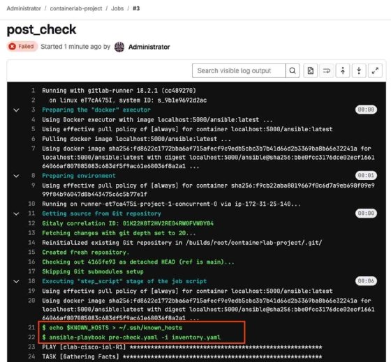 A screenshot from GitLab showing a post_check job.
