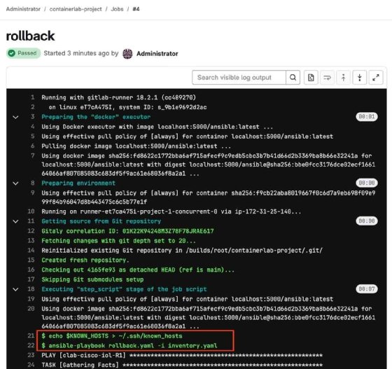 A screenshot from GitLab showing a rollback job.