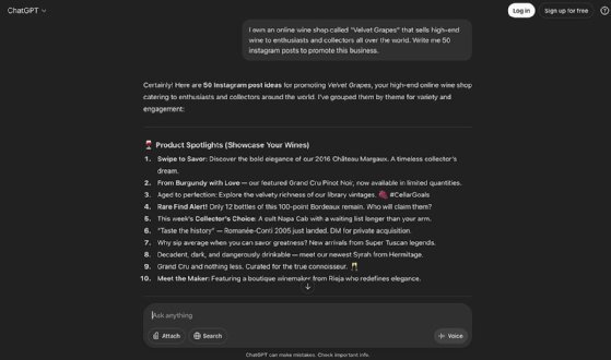 A screenshot from ChatGPT that shows how the tool can generate social media posts.