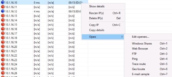 Screenshot showing additional host connection options in Angry IP Scanner