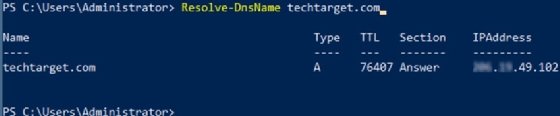 Screenshot showing output from the Resolve-DnsName cmdlet showing the IP address