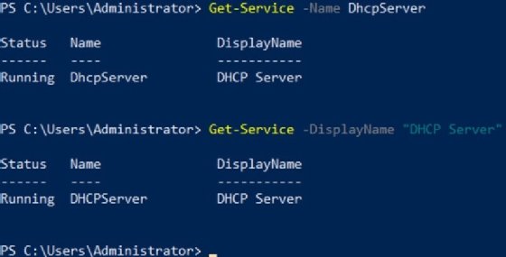 Screenshot showing output of Get-Service cmdlet displaying service status by name
