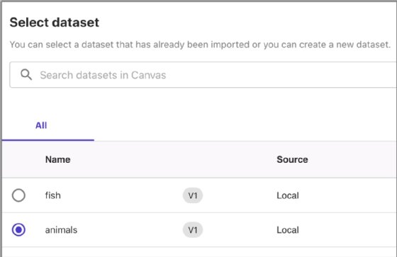 Screenshot showing data set selection in SageMaker Canvas