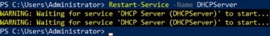 Screenshot showing output of the Restart-Service cmdlet restarting the DHCP server service