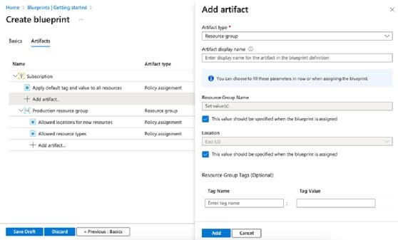 Screenshot blueprint creation and artifacts in Azure Blueprints