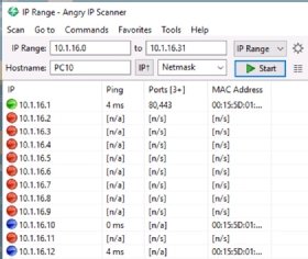 Screenshot of IP ranges in Angry IP Scanner.