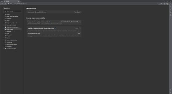 Screenshot of the Microsoft Edge settings page showing Internet Explorer compatibility options.