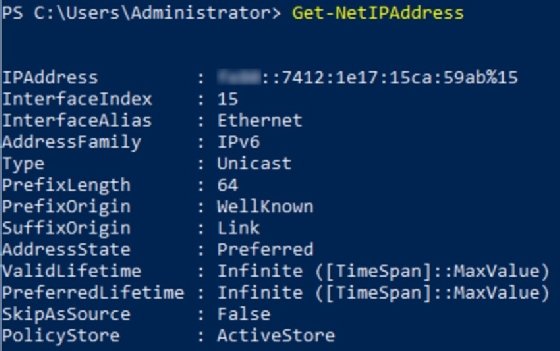 Screenshot showing partial output from the Get-NetIPAddress PowerShell cmdlet