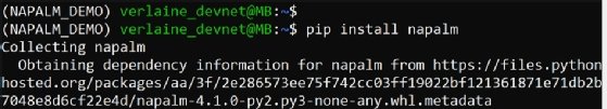 Screenshot showing output for the pip install napalm command