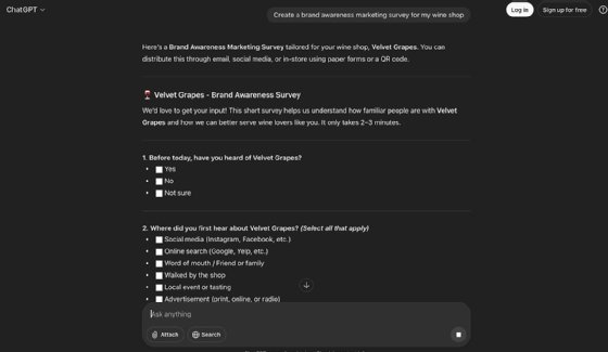 A screenshot from ChatGPT that shows how the tool can create a marketing survey.