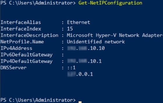Screenshot showing output from the Get-NetIPConfiguration cmdlet