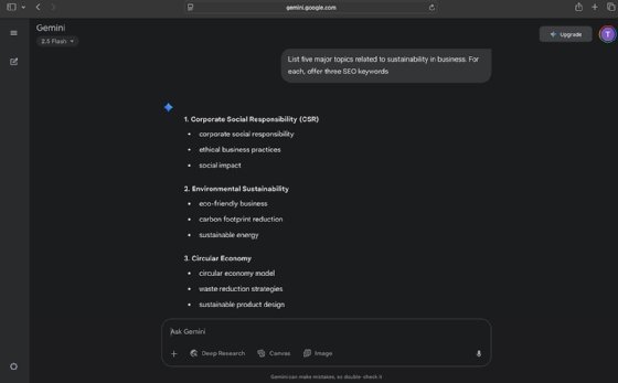 A screenshot from Google Gemini that shows how the tool can assist with SEO keyword research.