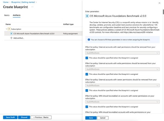 Screenshot of governance and compliance policy creation within Azure Blueprints