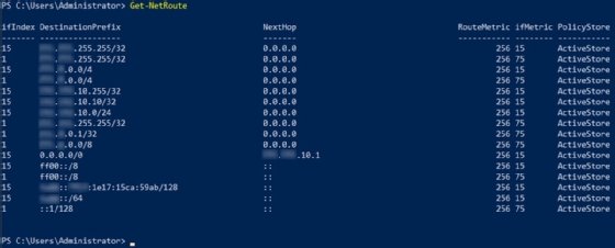 Screenshot showing output from the Get-NetRoute cmdlet
