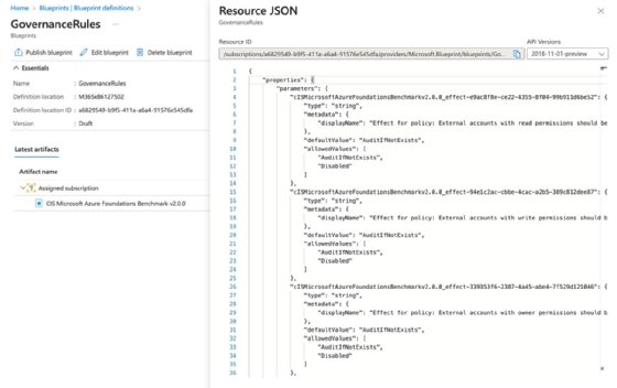 Screenshot of Azure Blueprints definitions in JSON