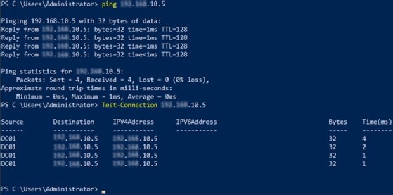 Screenshot that compares ping and Test-Connection commands