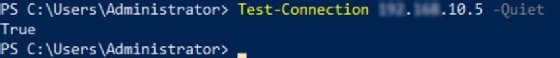 Screenshot showing output from the Test-Connection -Quiet cmdlet with a successful test