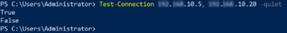 Screenshot showing output from the Test-Connection cmdlet in quiet mode with one successful and one failed result