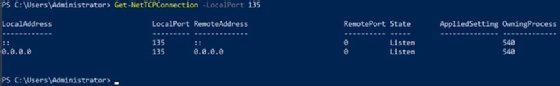 Screenshot showing output from the Get-NetTCPConnection cmdlet displaying connections to port 135