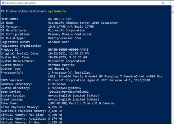 Screenshot of systeminfo command results on Windows