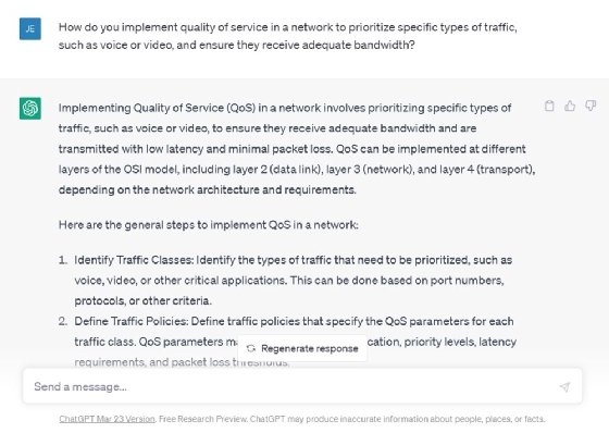 Screenshot of ChatGPT's response to a query about implementing QoS in a network
