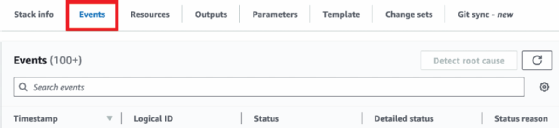 Screenshot highlighting the Events tab of CloudFormation