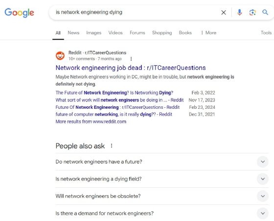 Screenshot of Google results for 'is network engineering dying'