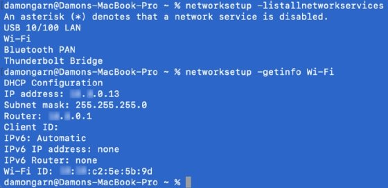 Screenshot of networksetup command on macOS