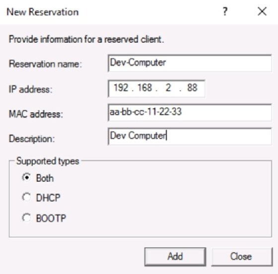 Screenshot of IP address reservation
