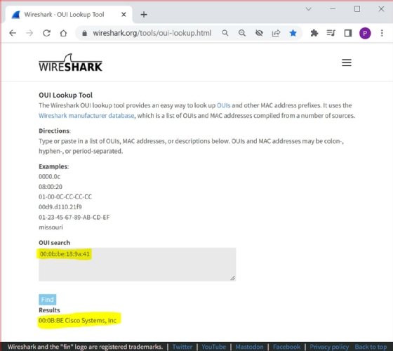 Screenshot of Wireshark OUI lookup tool