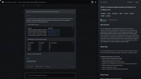 Microsoft Security Copilot generates an alert for a compromised account and device.