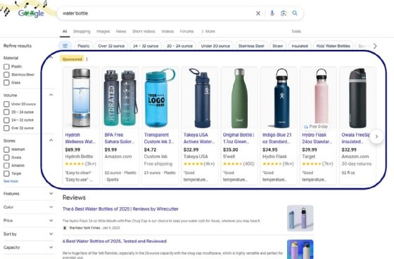 A screenshot of paid shopping ads on a Google SERP.